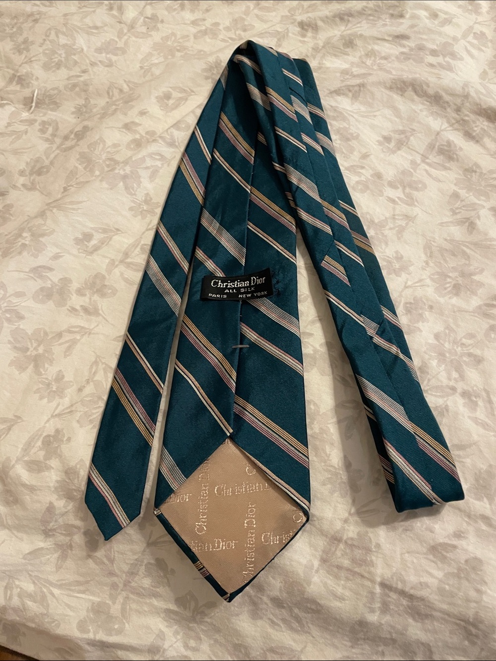 Christian Dior Teal Men's Silk Tie with Multi-Color Diagonal Stripes